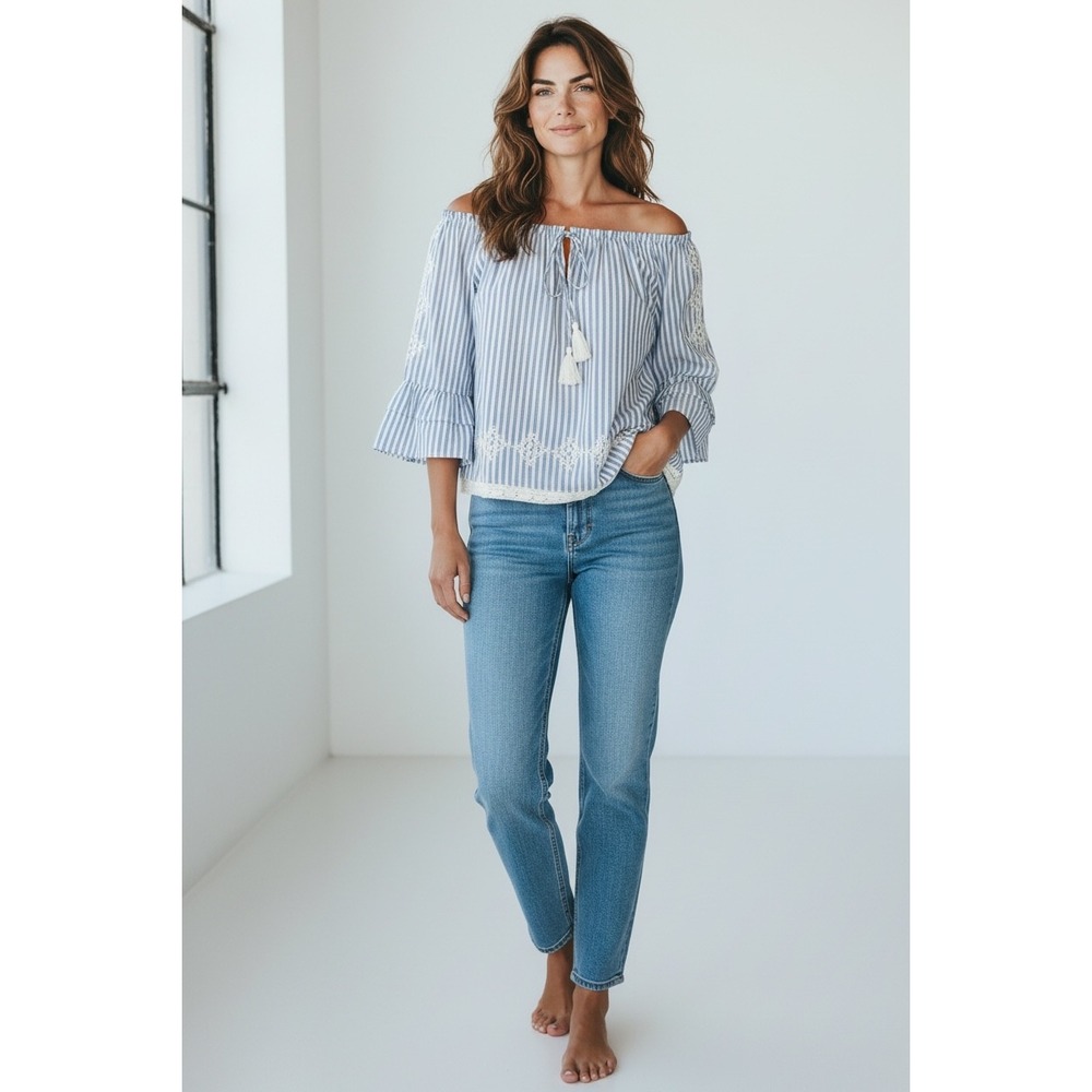 Westport Women Blue White Striped Off Shoulder Embroidered Ruffle Sleeve Top S